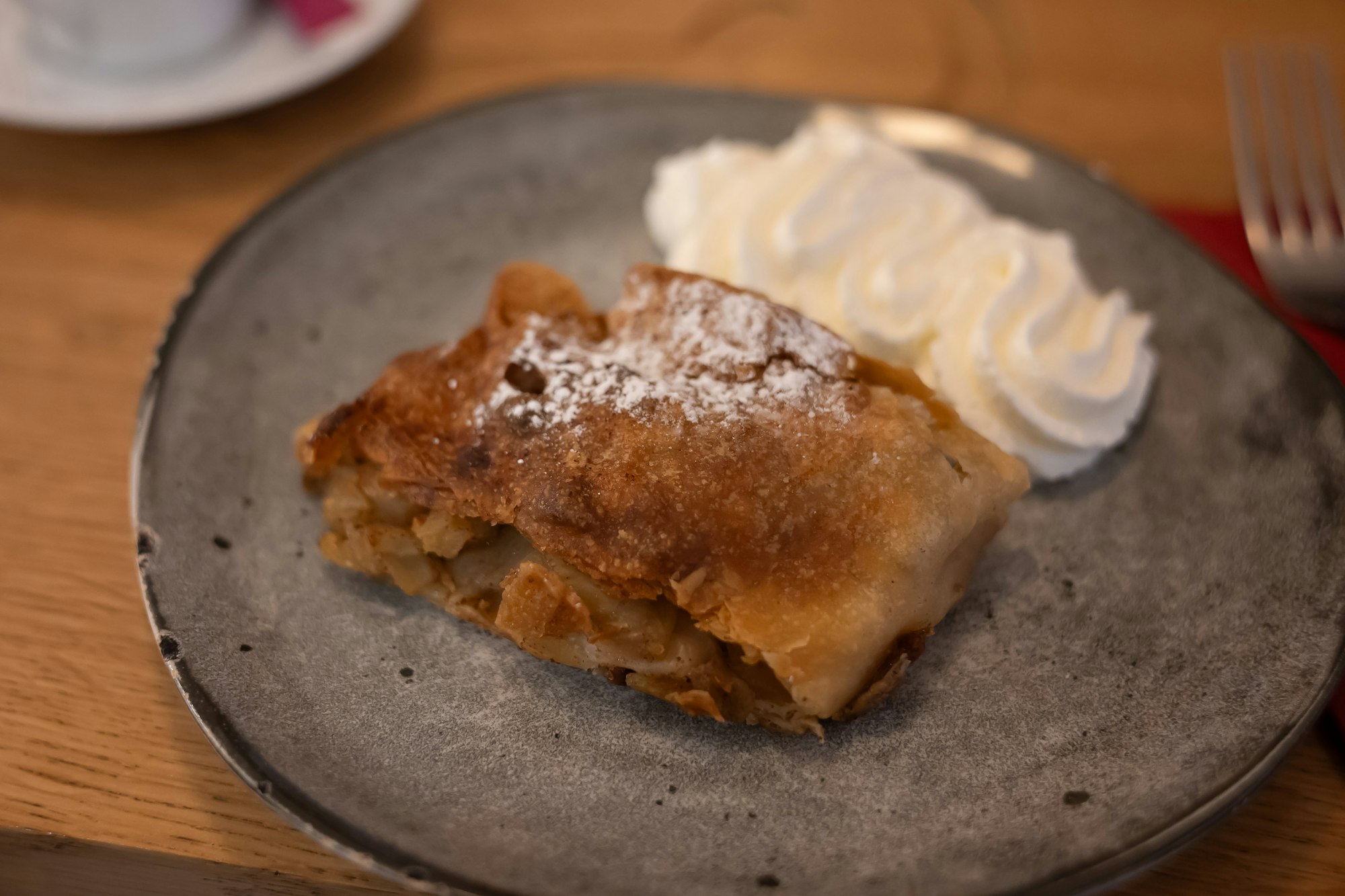 A slice of Austrian apple strudel dusted with sugar