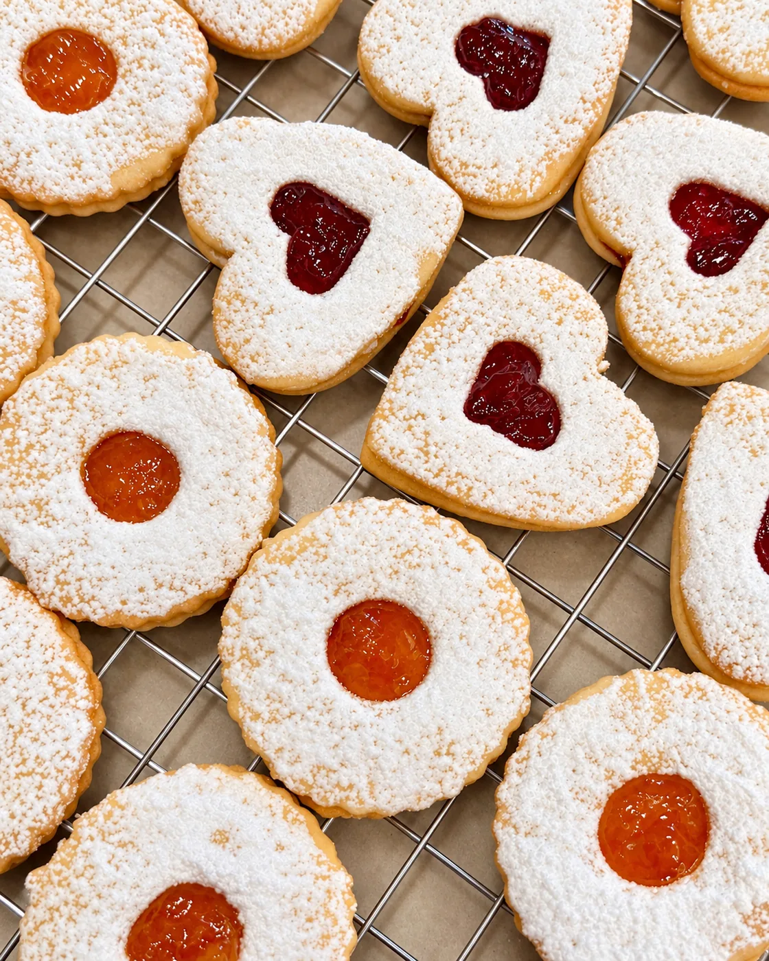 Our strawberry heart and apricot Linzer cookies, dusted with powdered sugar on a cooling rack