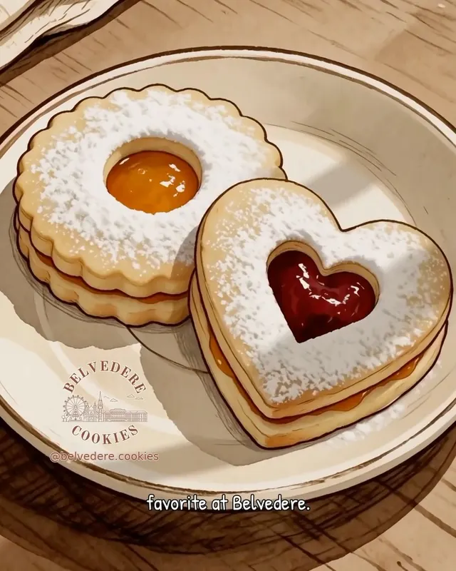 An illustrated round apricot Linzer cookie and heart-shaped strawberry Linzer cookie on a plate with the Belvedere Cookies logo