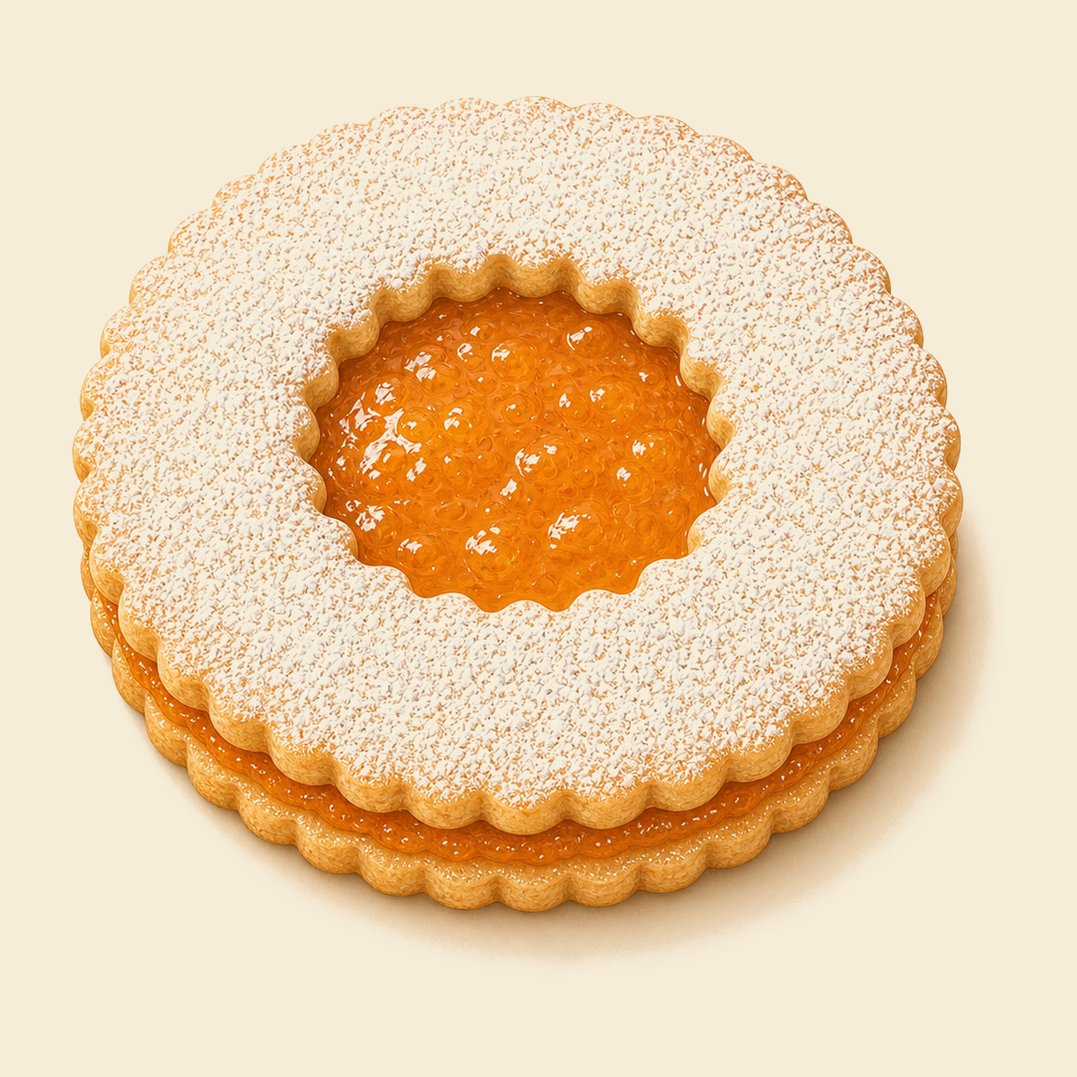 A Linzer Augen cookie with Austrian apricot jam centre, dusted in powdered sugar