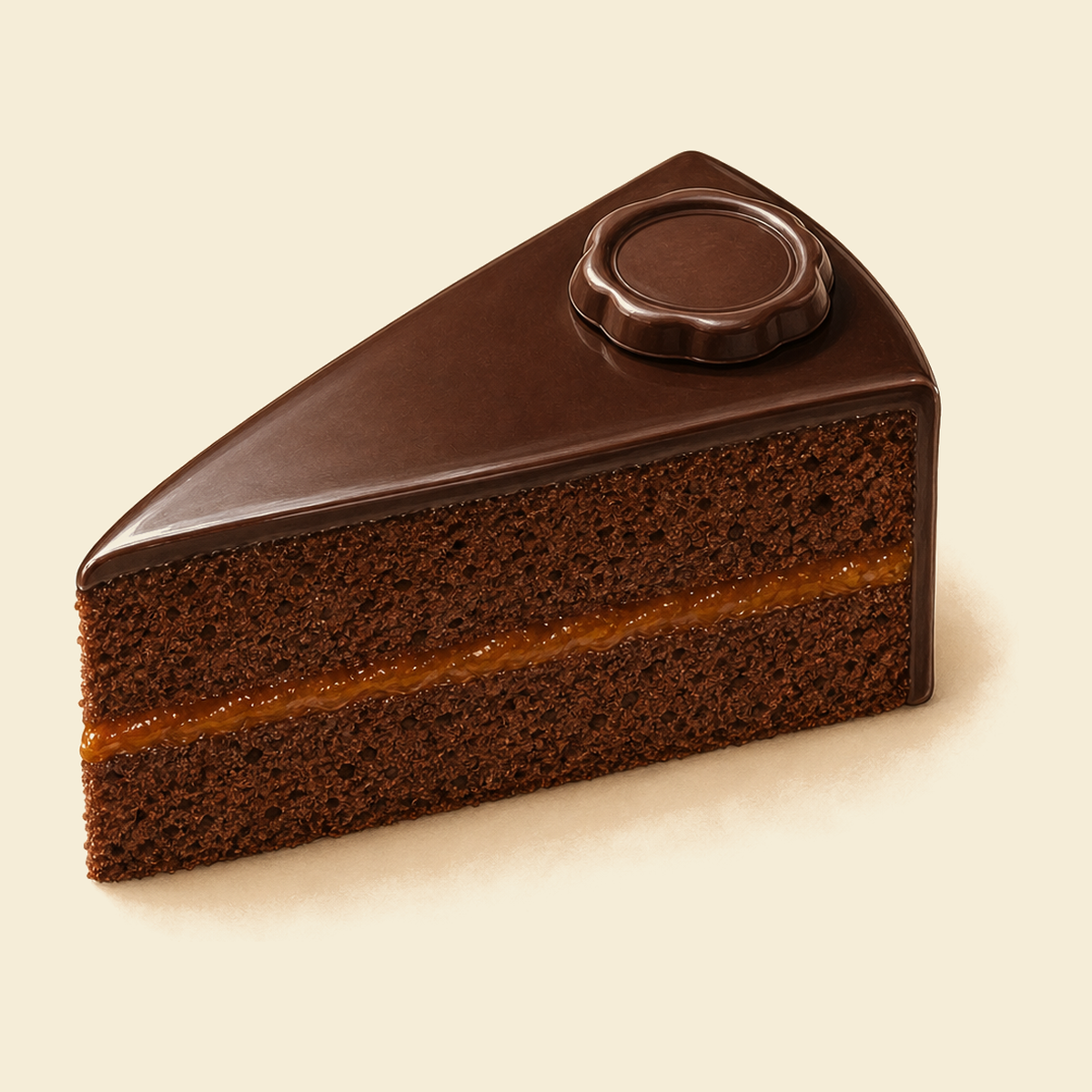 A slice of Wiener Sachertorte with mirror glaze and the round Sacher chocolate seal